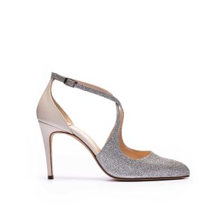Sandalo Emily Chiuso in Glitter Argento/Nappa Bianco Seta tacco 90mm