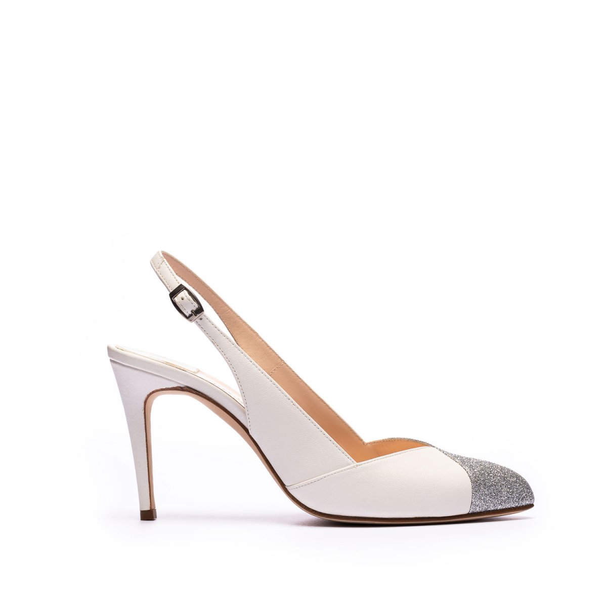 Sandalo Vivette Chanel in Glitter Argento/Nappa Bianco Seta tacco 90mm