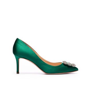 Décolleté Luxor in Raso Verde con fibbia in Swarovski tacco 70mm