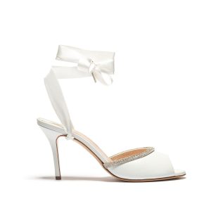 Mule Justine in Nappa Bianco con cordoncino Mignon Brillo e nastro in Raso tacco 100mm